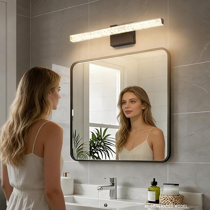 24 Inch LED Bathroom Vanity Light Fixtures, 5CCT Color Changeable Modern Wall Sconce with Iceberg Crackle Acrylic, Dimmable Matte Black Vanity Lighting for Mirror Cabinet, Makeup & Restroom