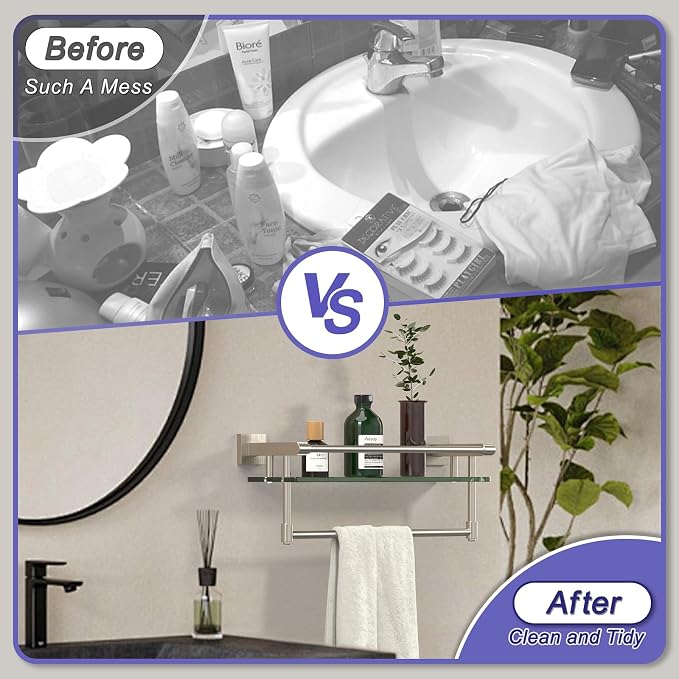 16-Inch Modern Glass Shelf with Towel Bar, 1-Shelf, Brushed Nickel Finish, Wall Mount, Bathroom Organizer