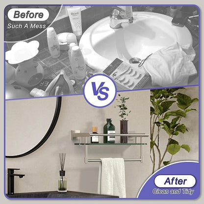 16-Inch Modern Glass Shelf with Towel Bar, 1-Shelf, Brushed Nickel Finish, Wall Mount, Bathroom Organizer