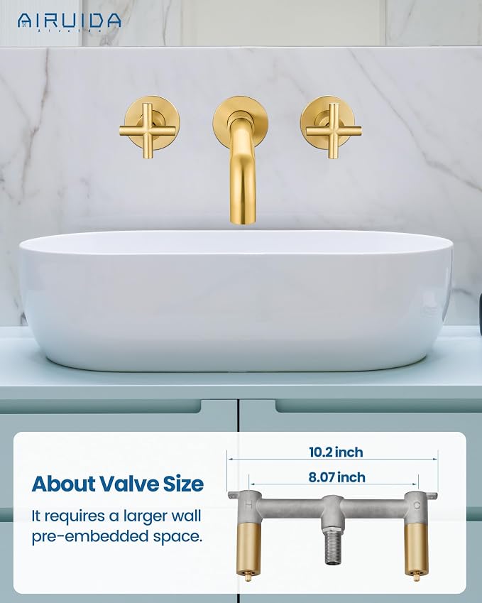 Airuida Solid Brass Brushed Gold Wall Mount Bathroom Faucet | 360° Swivel Spout,Rough in Valve,2 Cross Handle,3 Hole,Widespread
