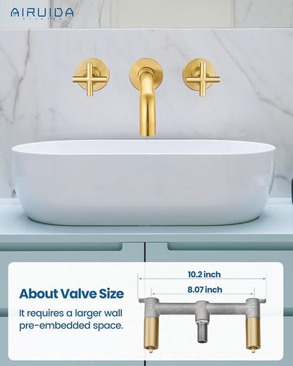 Airuida Solid Brass Brushed Gold Wall Mount Bathroom Faucet | 360° Swivel Spout,Rough in Valve,2 Cross Handle,3 Hole,Widespread