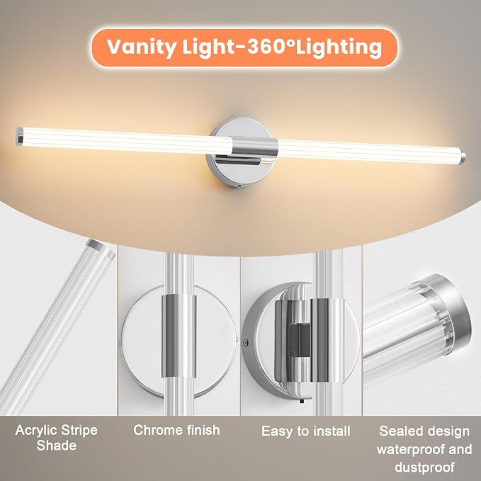 Wall Sconces Set of 2 Hardwired LED Vanity Light Chrome 31" | Dimmable 5CCT LED Bathroom Light Fixtures, 360° Full Lighting, Modern Vanity Light Bar for Bathroom Mirror, Flicker-Free