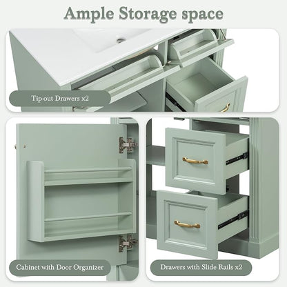 36" Bathroom Vanity with Ceramic Sink,Modern Freestanding Storage Cabinet w/Soft-Close Door and 2 Tip-Out & 2 Drawers,Undermount Single Basin Bath Vanity Set w/Adjustable Shelf,Green
