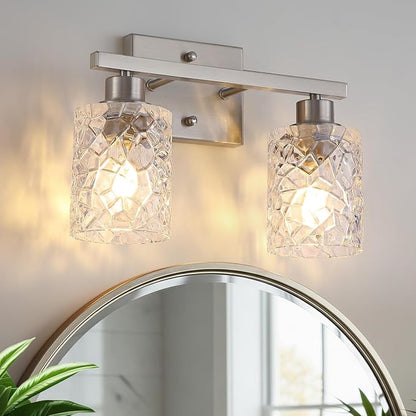 Mecgirn Stainless Steel Bathroom Vanity Light Over Mirror, 2 Light Brushed Nickel Bathroom Light Fixtures with Textured Glass Shades, Ceramic E26 Sockets Wall Mounted