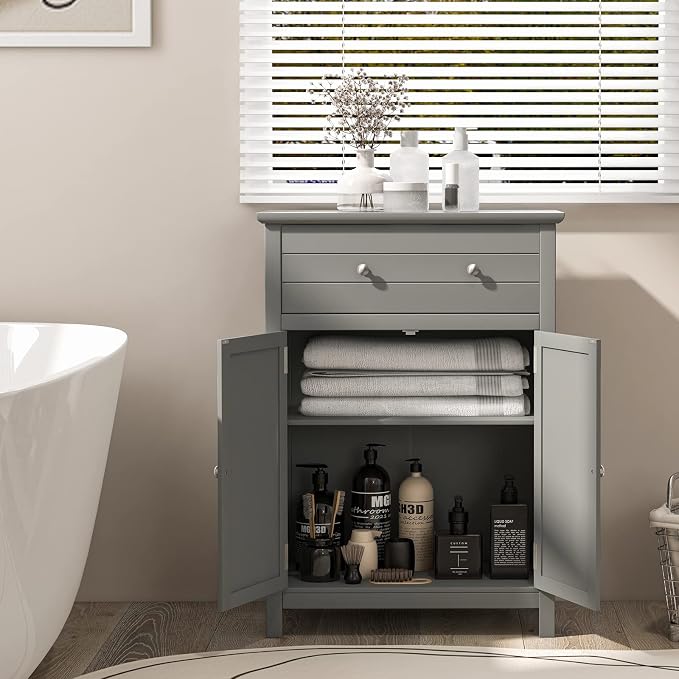 Giantex Bathroom Storage Cabinet with Drawer - Floor Cabinet with Doors, Adjustable Shelf, Storage Organizer for Entryway, Laundry Room, Kitchen, Living Room, Bedroom, Freestanding Cupboard (Gray)