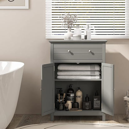 Giantex Bathroom Storage Cabinet with Drawer - Floor Cabinet with Doors, Adjustable Shelf, Storage Organizer for Entryway, Laundry Room, Kitchen, Living Room, Bedroom, Freestanding Cupboard (Gray)
