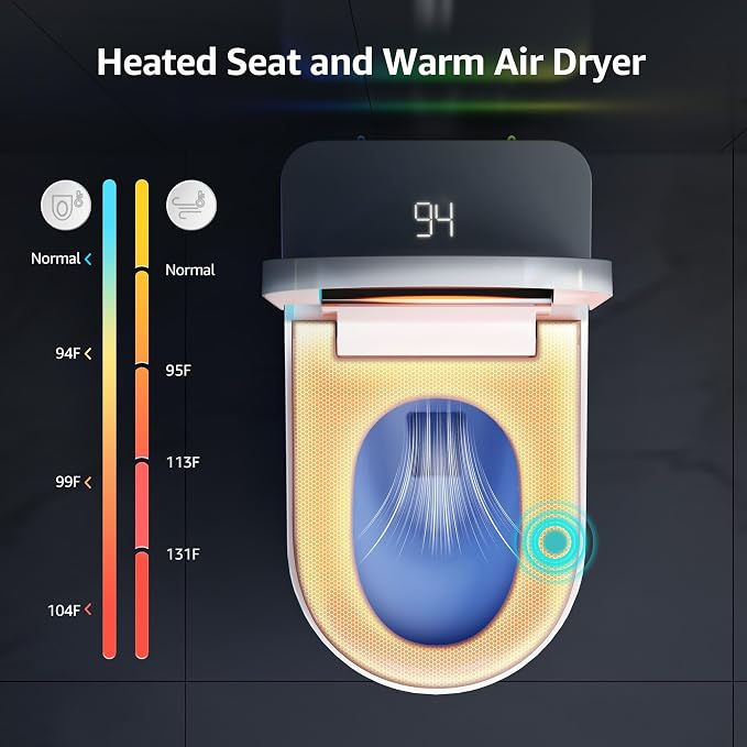 Smart Toilet with Bidet Built In, Heated Seat, Warm Water Wash & Dryer, Tankless Bidet Toilet with Foot Sensor & Night Light, Auto Open/Close Lid & Flush, Wireless Remote, 1.26GPF Water-Saving Design