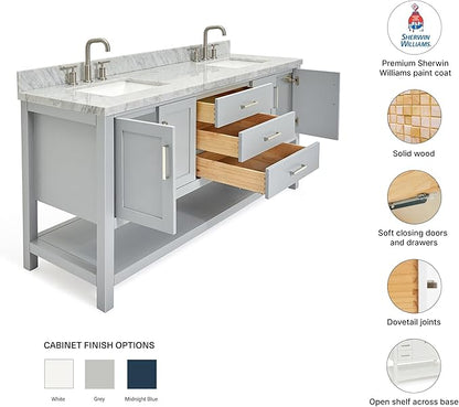 DKB Olivia 72-Inch Grey Double Bathroom Vanity, 1.5-Inch Edge Italian Carrara Marble Countertop & Backsplash, Rectangular Sinks, 4 Soft Closing Doors, 3 Dovetail Drawers, Open Shelf, Brushed Nickel