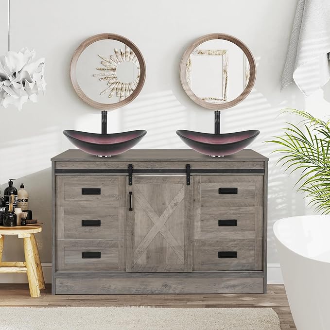48" Barn Door Bathroom Vanity with 6 Drawers, Farmhouse Style Standing Pedestal Cabinet with Two Pink Boat Glass Vessel Sinks