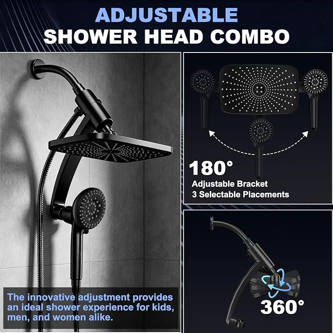 12 Inch High Pressure Rainfall Shower Head Combo,9 Settings Handheld Shower | Height/Angle Adjustable, 3 Spray Modes, Anti-leak, Built-in Magnetic Docking,Washing Jets,Holder, 59" Shower Hose, 1.75GPM