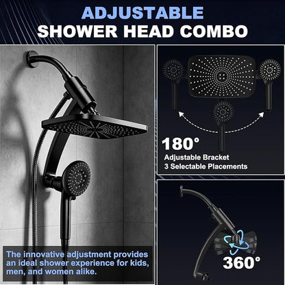 12 Inch High Pressure Rainfall Shower Head Combo,9 Settings Handheld Shower | Height/Angle Adjustable, 3 Spray Modes, Anti-leak, Built-in Magnetic Docking,Washing Jets,Holder, 59" Shower Hose, 1.75GPM
