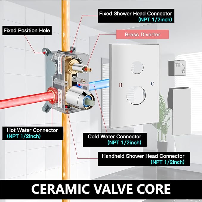 Midanya Shower Faucet Set,Wall Mount Shower System with Square Rain Shower Head and Hand Sprayer, Rough-in Valve Body and Trim Kit Included,8 Inch,Polish Chrome