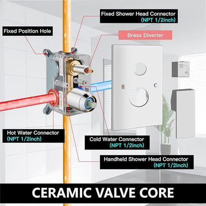 Midanya Shower Faucet Set,Wall Mount Shower System with Square Rain Shower Head and Hand Sprayer, Rough-in Valve Body and Trim Kit Included,8 Inch,Polish Chrome