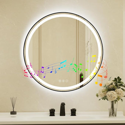 30 Inch Round Black Framed LED Bathroom Mirror with Lights, Built-in Bluetooth Speaker,Tempered Glass,Dimmable Lighted Bathroom Vanity Mirror with 3 Colors, Backlit + Frontlit, Memory, Anti-Fog