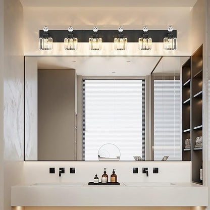 PRESDE 6-Light Crystal Bathroom Lights Fixtures Modern Matte Black Bathroom Lights Fixtures Over Mirror Bath Wall Lighting