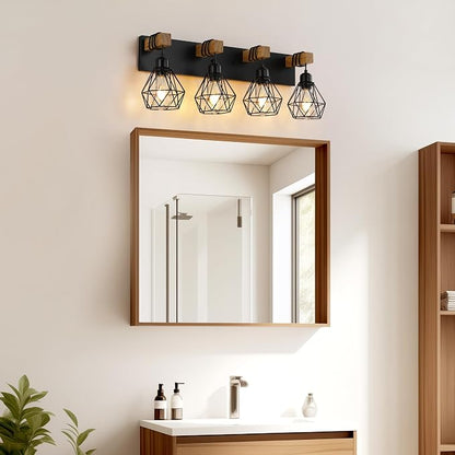 VbiTmn Bathroom Light Fixtures, 4 Light Black Farmhouse Wood Vanity Lights | Rustic Design, Diamond Metal Shades, Easy to Install, Wall Sconces for Bathroom, Bedroom, Makeup Area, Over Vanity Mirror