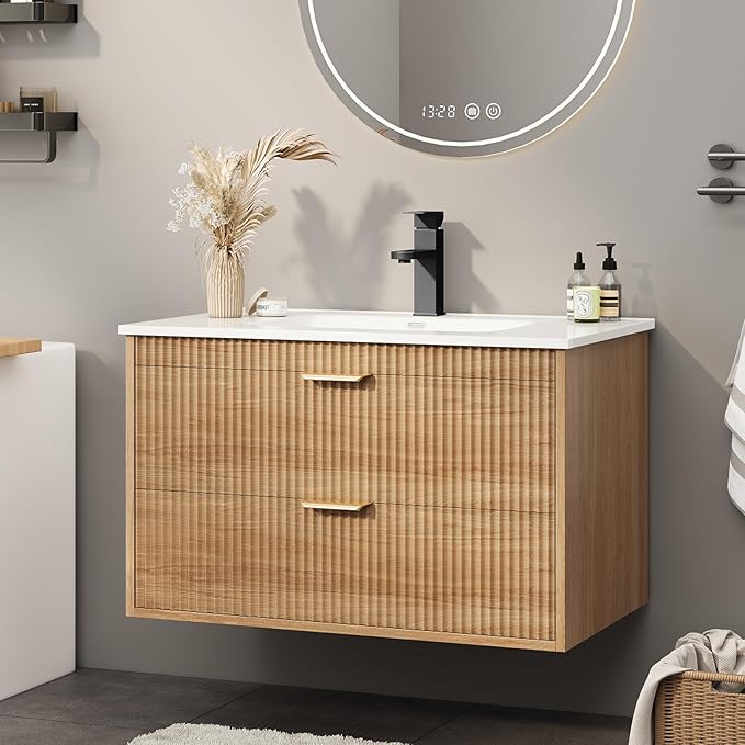 Vabches 24 Inch Bathroom Vanity with Sink, Wood Grain Wall Mounted Vanity with 2 Storage Darwers, Floating Bathroom Vanity with Storage, Bathroom Floating Vanity with Sink, Faucet, Drain, Oak