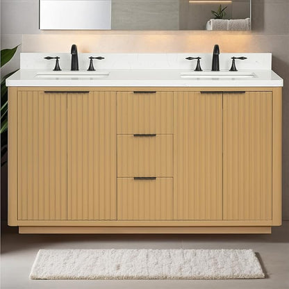 Lavanti Wooderna 60 Inch Bathroom Vanity with Sink – Stylish Firwood Oak Vanity Bathroom with Storage Cabinet – Modern Bathroom Vanities with Double Vanity Sink & Quartz Countertop