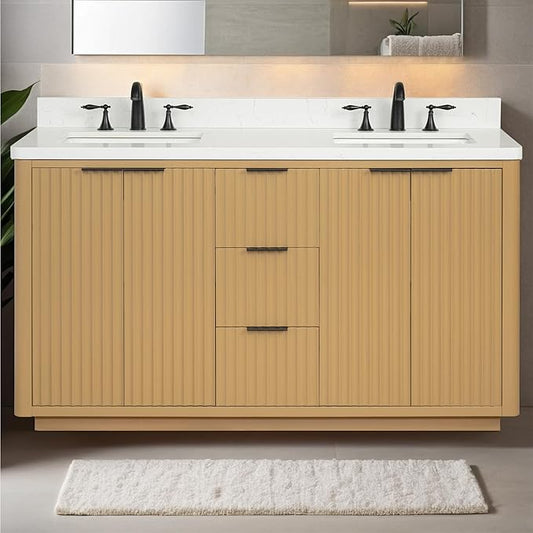 Lavanti Wooderna 60 Inch Bathroom Vanity with Sink – Stylish Firwood Oak Vanity Bathroom with Storage Cabinet – Modern Bathroom Vanities with Double Vanity Sink & Quartz Countertop