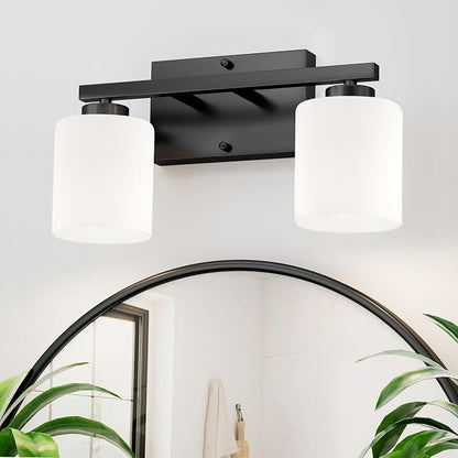 Honesorn Bathroom Light Fixtures Black, 2-Light Vanity Lights Over Mirror | Modern Bathroom Vanity Light with Milky White Frosted Shades, Wall Mounted Bathroom Lights, E26 Socket (Bulbs Not Included)
