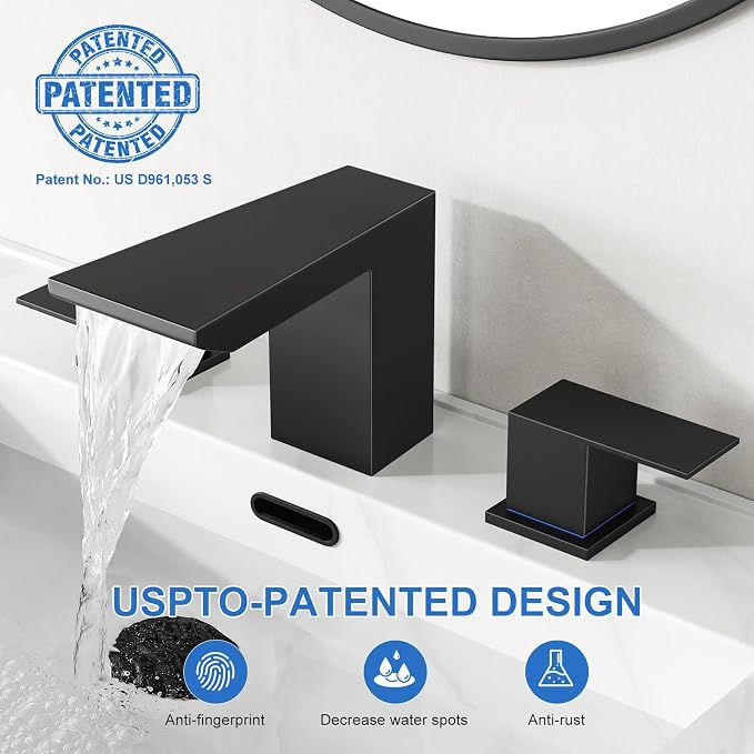 RUMOSE Bathroom Faucets 3 Hole Black Bathroom Sink Faucet with Drain | 8 Inch Mixer Widespread Waterfall Vanity Two Handle Lavatory Bath Tap, Pop Up Drain, Stainless Steel