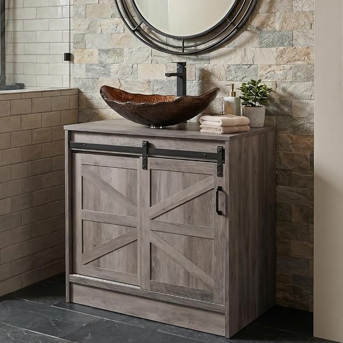 30" Barn Door Bathroom Vanity, Farmhouse Style Standing Pedestal Cabinet with Brown Leaf Vessel Sink