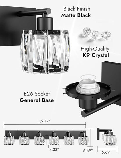 VOLISUN Crystal Vanity Lights for Bathrooms, 6 Light Bathroom Vanity Light, Modern Matte Black Bathroom Light Over Mirror, Black Bathrooms Lights Fixtures-UL Certificated(Exclude Bulb)