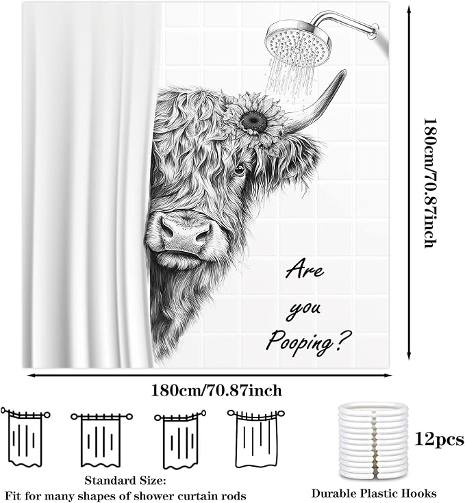 Funny Cow Shower Curtain, Fun Highland Cow Farmhouse Bath Curtain | 72x72 Inches, Waterproof Polyester Fabric, Cute Western Cattle Bathroom Decor for Home Decorations, Includes 12 Hooks