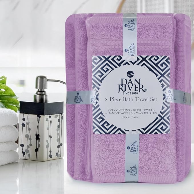 DAN RIVER 8 Piece Luxury Bath Towels for Bathroom, Towel Set, Lavendar | 2 Bath towels, 2 Hand towels, and 4 Wash Cloths, 600 GSM 100% Ring Spun Cotton, Highly Absorbent, Gym, Hotel, guest, and Spa