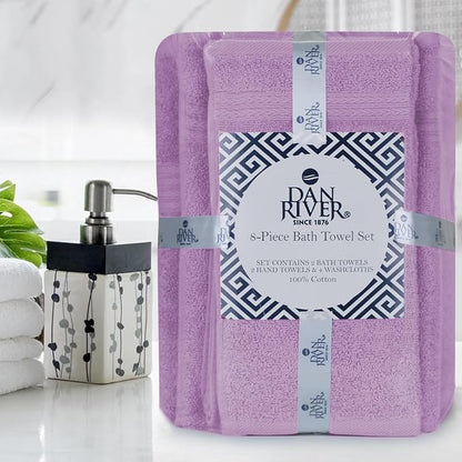 DAN RIVER 8 Piece Luxury Bath Towels for Bathroom, Towel Set, Lavendar | 2 Bath towels, 2 Hand towels, and 4 Wash Cloths, 600 GSM 100% Ring Spun Cotton, Highly Absorbent, Gym, Hotel, guest, and Spa
