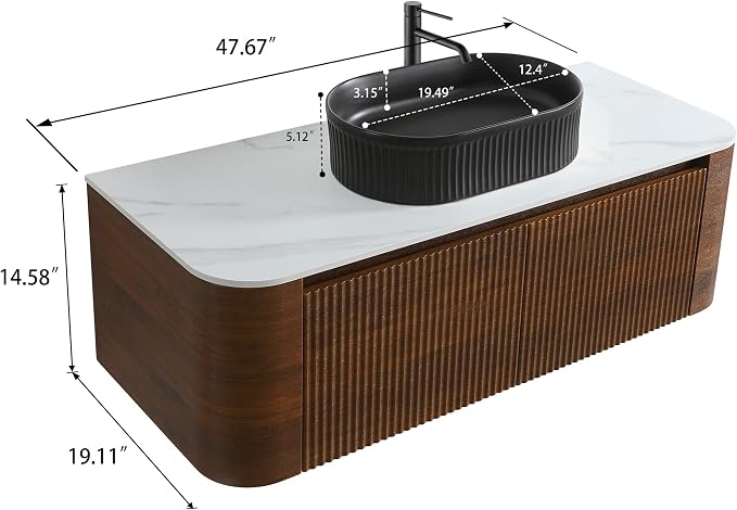 48" Preassembled Floating Bathroom Vanity with Black Sink, Walnut | Mid-Century Modern Style, Fluted & Soft-Close Drawer with U-shaped Wall, Sinterted Stone Countertop, Towel Rack Included