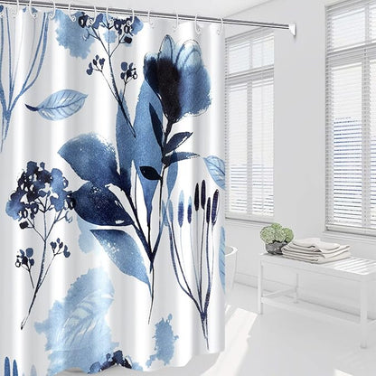 AWERT Blue Floral Watercolor Ink Flowers Shower Curtain With Hooks - Waterproof Fabric for Bathroom Decor 72x78inch