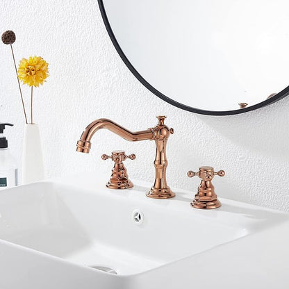 GGStudy 8-16 inch Two Handles 3 Holes Widespread Bathroom Sink Faucet Copper Basin Mixer Tap Faucet Matching Metal Pop Up Drain with Overflow
