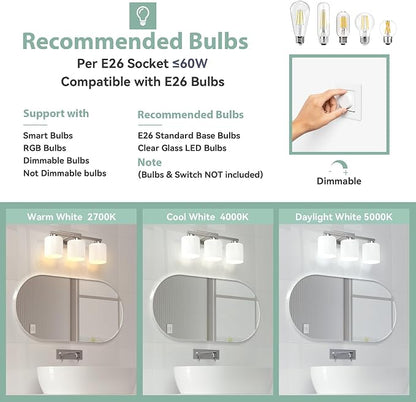 Honesorn Bathroom Light Fixtures Brushed Nickel, 3-Light Vanity Lights | Bathroom Vanity Light with Frosted Shades, Modern Bathroom Lights Over Mirror, Anti-Rust, E26 Socket (Bulbs Not Included)