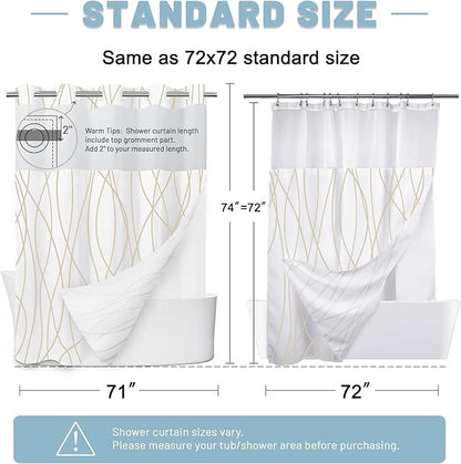 No Hook Beige Khaki Striped Shower Curtain with Snap in Liner Set - Hotel Shower Curtain and Liner Set with See Through Mesh Top Window,Machine Washable, 71x74 INCH