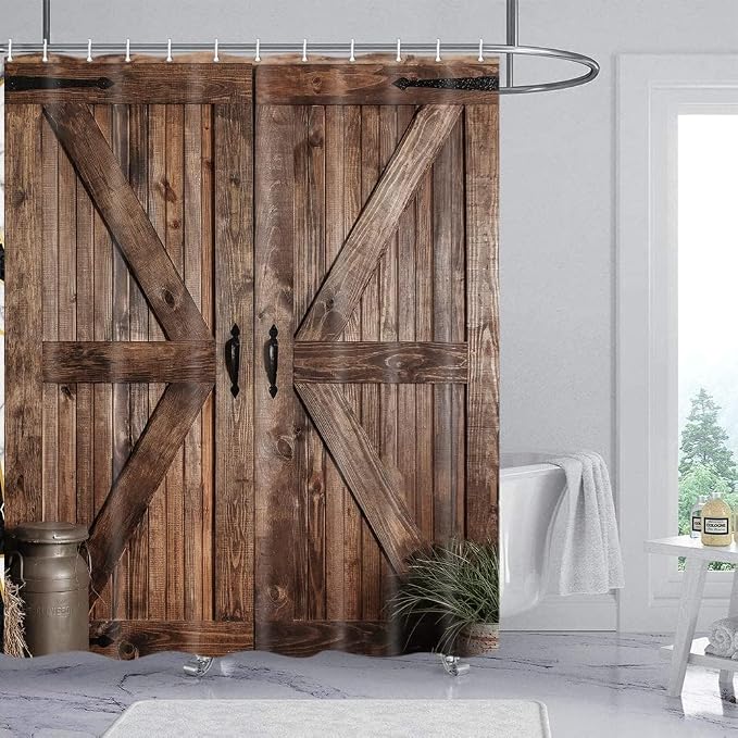 Rustic Barn Door Shower Curtain for Bathroom, Retro Countryside Wood Board Bathroom Decor Curtain Sets, Art Vintage Extra Long Famhouse Western Bath Curtains with Hooks,70X75IN