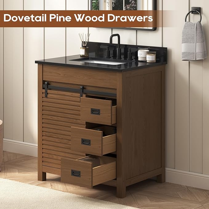 30 Inch Bathroom Vanity with Sink, Farmhouse Solid Wood Frame Vanity with Sink, Sliding Barn Door Bathroom Storage Cabinet with Soft-Closing Dovetail Drawers, Brown Oak