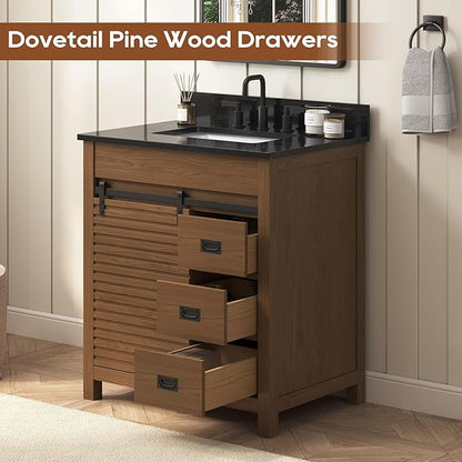 30 Inch Bathroom Vanity with Sink, Farmhouse Solid Wood Frame Vanity with Sink, Sliding Barn Door Bathroom Storage Cabinet with Soft-Closing Dovetail Drawers, Brown Oak