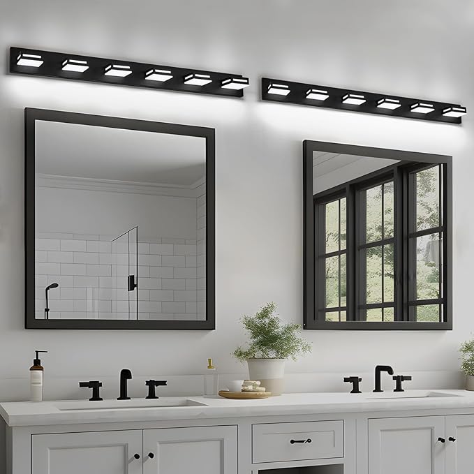LED Modern Bathroom Light Fixtures, 6-Light 48-Inch Matte Black Vanity Lights for Bathroom Lighting Fixtures Over Mirror, 350° Rotatable Acrylic, 6000K Cool White Wall Lamp