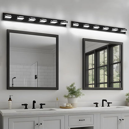 LED Modern Bathroom Light Fixtures, 6-Light 48-Inch Matte Black Vanity Lights for Bathroom Lighting Fixtures Over Mirror, 350° Rotatable Acrylic, 6000K Cool White Wall Lamp
