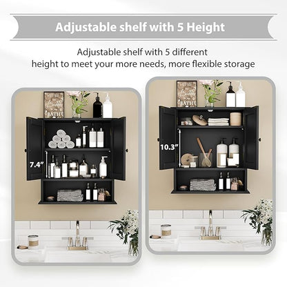 Bathroom Wall Cabinet, Black Bathroom Cabinet with 2 Mirror Doors and Adjustable Shelf, Wall-Mounted, Medicine Cabinet, 21.5" W x 7.8" D x 23.6" H