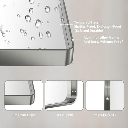 LOAAO 60X40 Inch Brushed Nickel Bathroom Mirror | Rounded Rectangle, Silver Metal Frame, Anti-Rust, Tempered Glass, Hangs Horizontally or Vertically