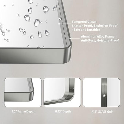 LOAAO 72X32 Inch Brushed Nickel Bathroom Mirror | Rounded Rectangle, Silver Metal Frame, Anti-Rust, Tempered Glass, Hangs Horizontally or Vertically