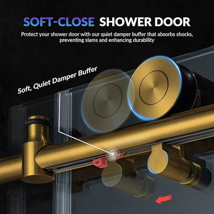 Woodbridge Frameless Single Sliding Shower Doors in Brushed Gold Finish, 45.5-48" Width x 76" Height with 3/8"(10mm) Clear Tempered Glass, Soft Close System and Explosion-Proof Film, BSDC4876-BG