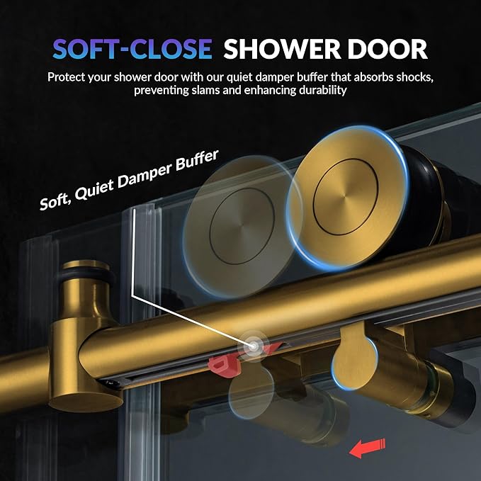 Woodbridge Frameless Single Sliding Shower Doors in Brushed Gold Finish, 57.5-60" Width x 62" Height with 3/8"(10mm) Clear Tempered Glass, Soft Close System and Explosion-Proof Film, BSDC6062-BG