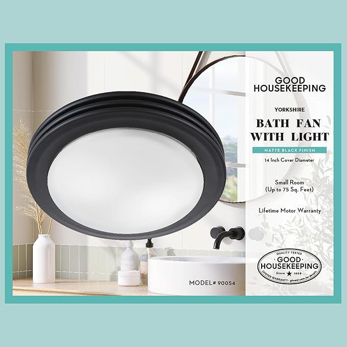 Good Housekeeping 90054 Yorkshire Decorative 80 CFM 2.5 Sones Bathroom Ventilation Exhaust Fan with Light, Matte Black