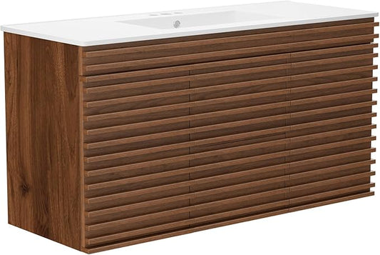 ROOMTEC 48" Bathroom Vanity with Ceramic Sink Combo, Mid-Century Wall Mounted Floating Vanity Cabinet with 2 Closing Doors, Wood Grain Texture, Walnut