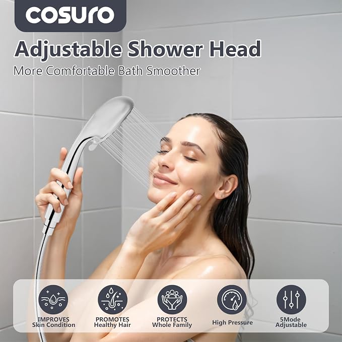 High Pressure Shower Head with Powerful Shower Spray, 5 Spray Modes, Non-Clogging Nozzles（Black）