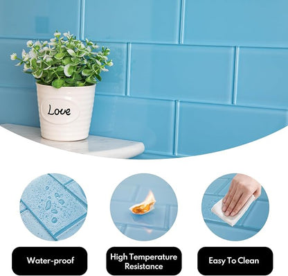 Blue Glass Subway Tile, Glass for Bathroom Kitchen Shower Backsplash Wall, 3 x 6 Inches, 4 Sq.Ft.