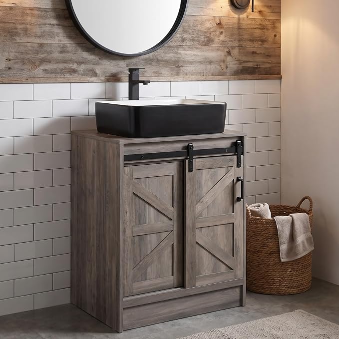 24" Farmhouse Bathroom Vanity with Sink, Bathroom Storage Cabinet with Sliding Barn Doors & Metal Handle, Freestanding Vanity with Black and White Ceramic Rectangle Sink Combo Set